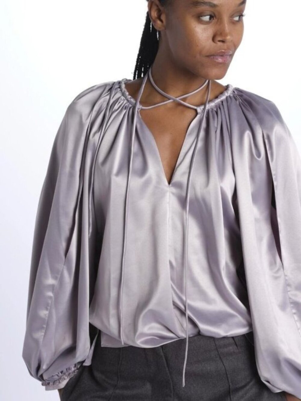 Milaura Calipso Argento Silver Pouf Oversized Slit Sleeve V Neck Tie Blouse